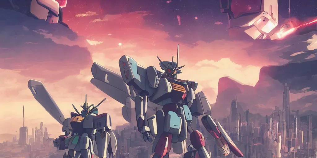 Image similar to Gundam Movie poster, 3D anime, Arcane Style, Retropunk, Steampunk, high resolution, city landscape, side scrolling, Rule of Thirds, 4K, Retrofuturism, Studio Ghibli, Simon Stålenhag