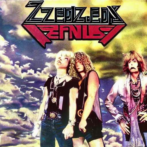 Prompt: the cover to a 1 9 9 0 led zeppelin album titled'xenoblade'