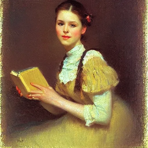 Prompt: portrait of a young woman holding a book, impressionism, realism, landscape, portrait, romanticism, painting by nikolay makovsky