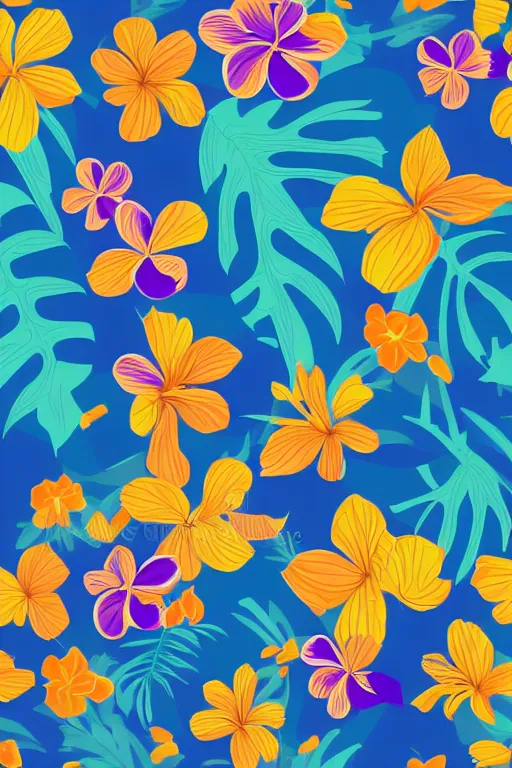 Image similar to Vector illustration of tropical flowers with multiple cohesive colors ranging from warms purples to bright oranges on a ((dark blue background)), 4K resolution