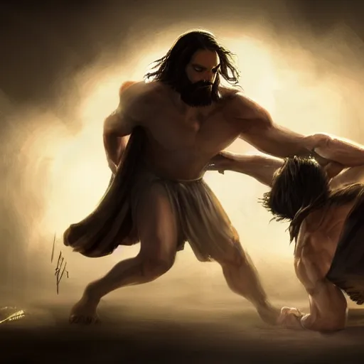 Image similar to Jesus beating up Satan on the floor, dynamic lighting, photorealistic concept art, trending on art station, stunning visuals, creative, cinematic, ultra detailed