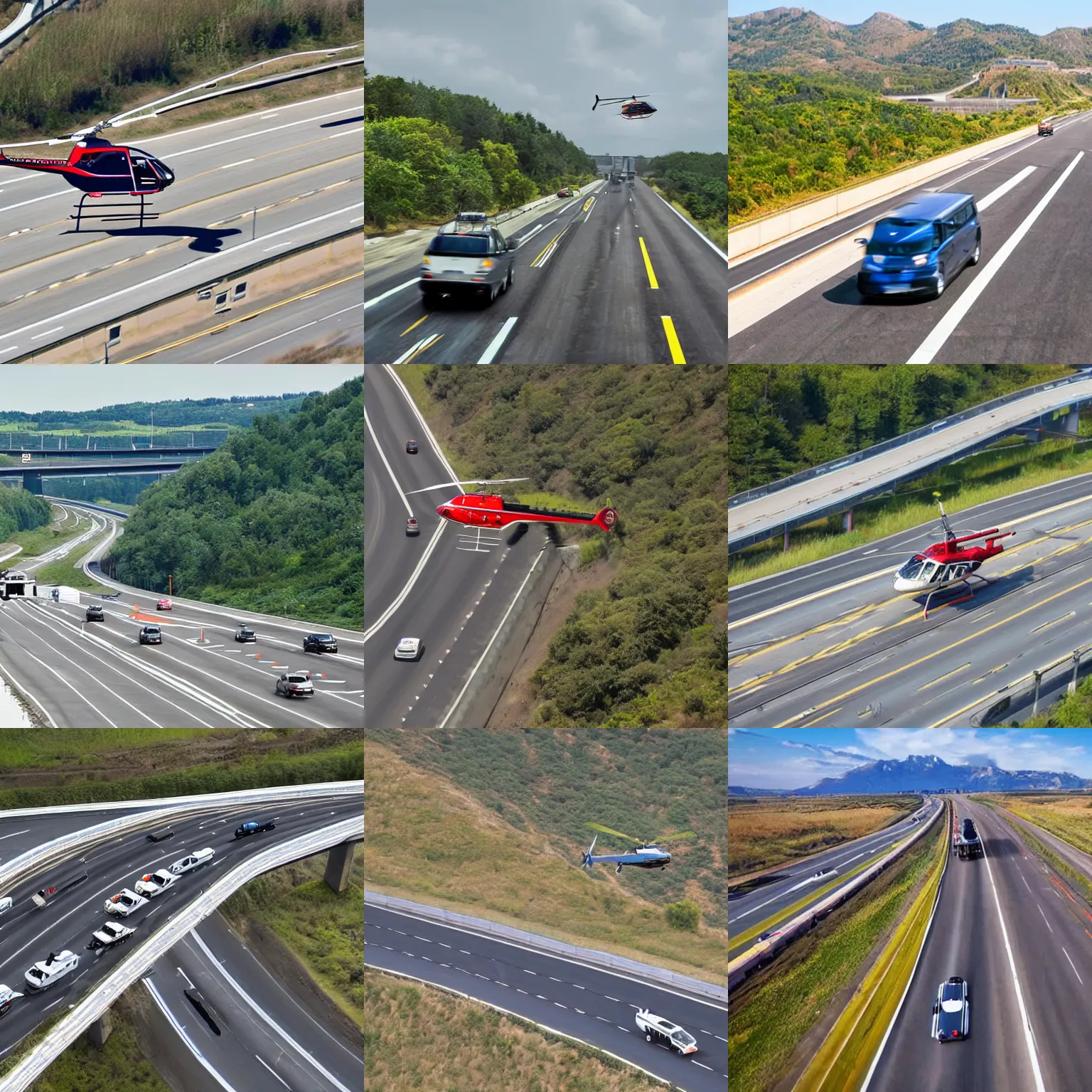 Prompt: a helicopter driving on a highway next to cars