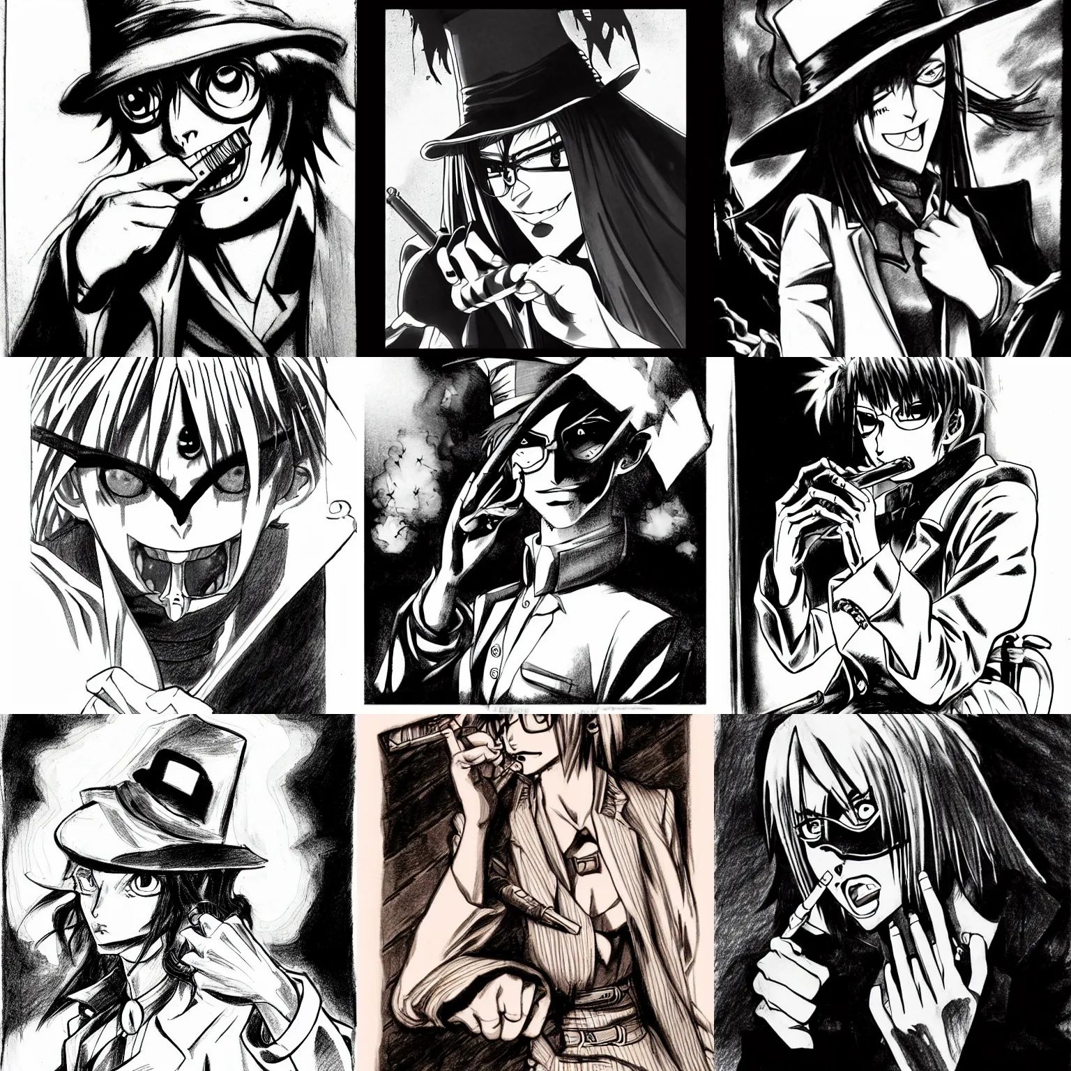 Prompt: um detetive noir fumando um cigarro com persianas ao fundo, van hellsing anime. dramatic lighting, anime style, pencil and ink manga drawing, centered in panel