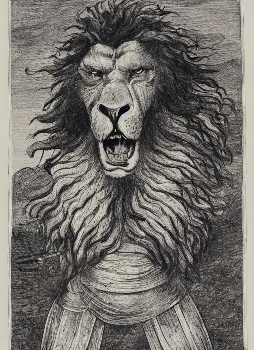 Image similar to a mighty strong creature with the body and eyes of a man, with the beak of an eagle, the mane of a lion, and the horns of an ox. drawn by francis bacon