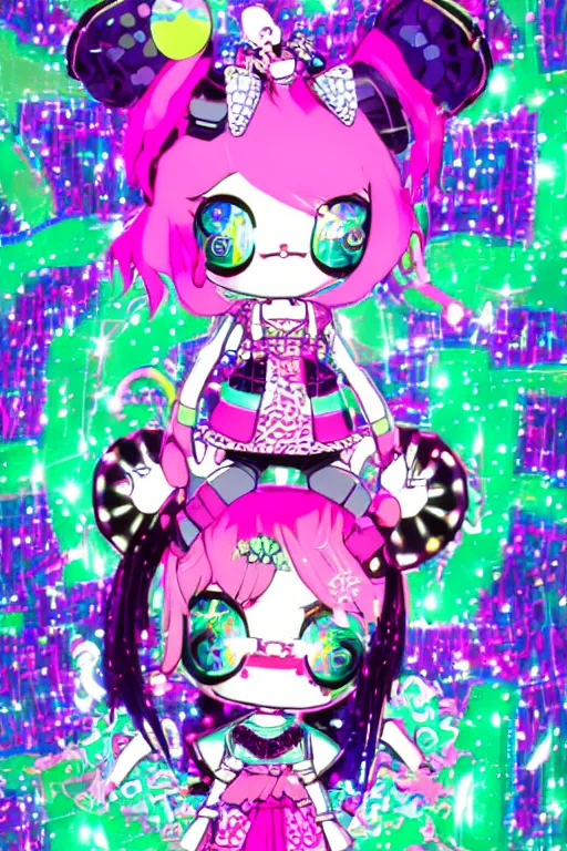 Image similar to cybergoth decora glitchcore yokai girl, sanrio ornaments, pastel cute cinematography