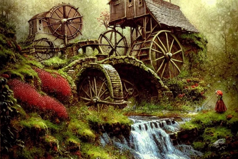 Image similar to adventurer ( ( ( ( ( 1 9 5 0 s retro future waterwheel and mill in forrest of giant mushrooms, moss and flowers stone bridge waterfall. muted colors. ) ) ) ) ) by jean baptiste monge!!!!!!!!!!!!!!!!!!!!!!!!! chrome red