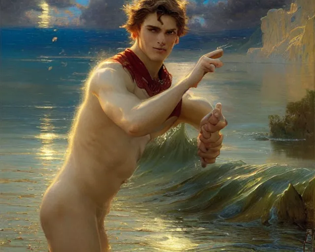 Image similar to attractive male wizard casting powerful wave water spell in a beautiful lake. highly detailed painting by gaston bussiere, craig mullins, j. c. leyendecker 8 k