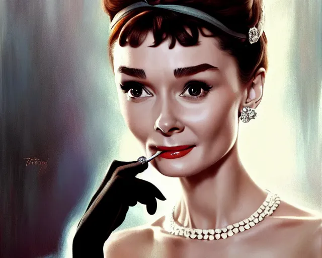 Image similar to photography of audrey hepburn in breakfast at tiffany's, deep focus, intricate, elegant, highly detailed, digital painting, artstation, concept art, matte, sharp focus, illustration, art by artgerm and greg rutkowski and alphonse mucha