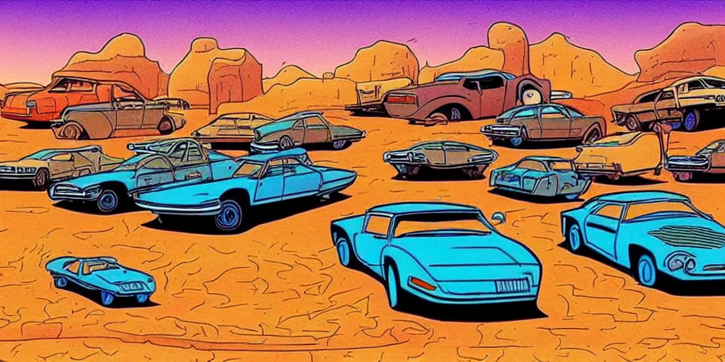 Image similar to vintage cars in a desert, cartoon, moebius style