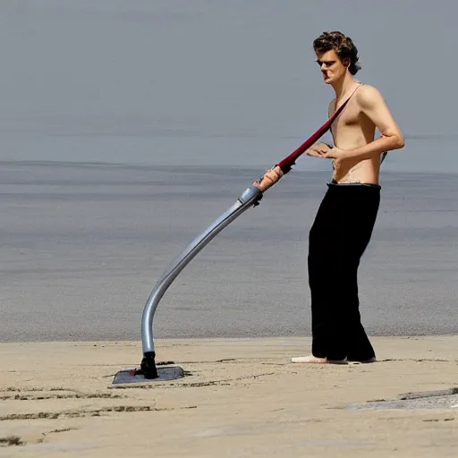 Prompt: Hayden Christensen as Anakin Skywalker Vacuuming the beach for sand, photo,