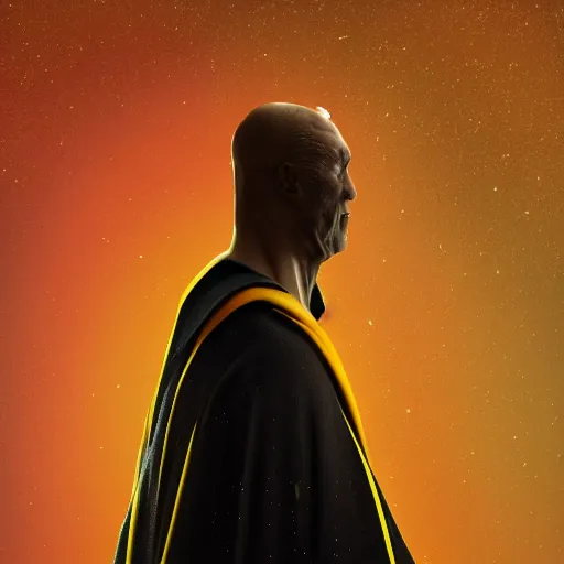 Image similar to award - winning. trending on artstation. 4 k. expressive. a faceless man wearing layered yellow robes while a black hole in space floats behind them. dark background. in the style of victor antonov