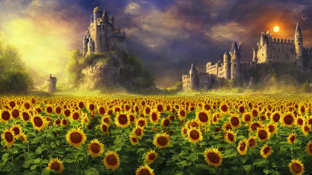 Prompt: castle in field of sunflowers, sunny mid day, Game of Thrones, volumetric lighting, fantasy artwork, very beautiful scenery, very realistic painting effect, hd, hdr, cinematic 4k wallpaper, 8k, ultra detailed, high resolution, artstation
