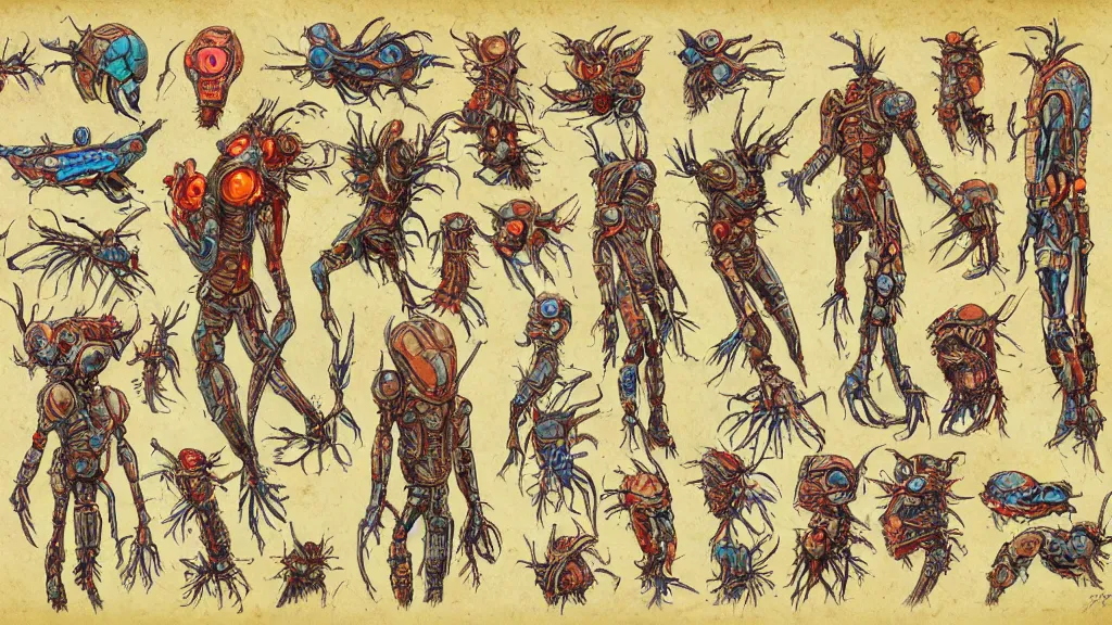 Prompt: aged paper, concept art, colorful character sheet for a male extraterrestrial cyborg multiple - eyes insect - headed warlord, retrofuture, fantastic planet, moebius, valerian, coherent, illustration, digital art, trending on artstation, hd, 8 k, good lighting, beautiful, rough paper, masterpiece