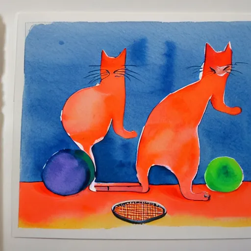 Prompt: dos gatos jugando al ping pong, fondo naranja, vibrant watercolor