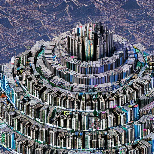 Prompt: mountain size arcology hive city, crowded with people, satellite view, zoom out