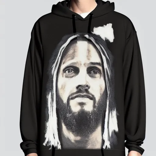 Prompt: portait of jesus in virgil abloh hoodie streetwear by nicola samori, off - white style