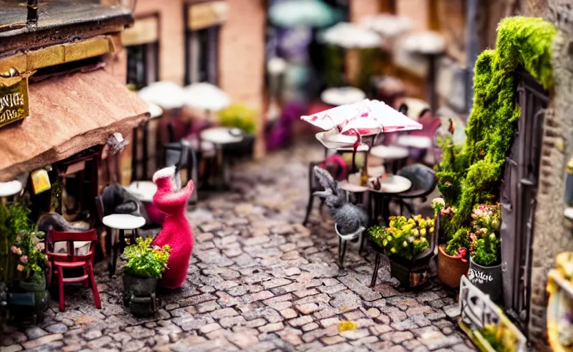 Image similar to miniature cafe diorama macro photography, cafe with felted bunnies, alleyway, ambient, atmospheric, british, cozy, bokeh, romantic