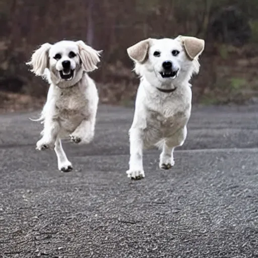 Prompt: Creepy paranormal video of two dogs levitating 30 feet in the air