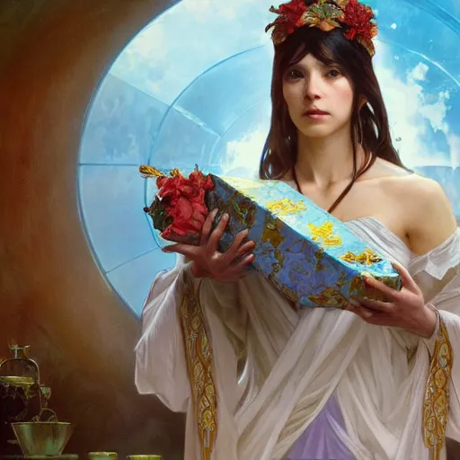 Image similar to a fortune teller holding a wrapped birthday gift with a confused look on their face, art by artgerm and greg rutkowski and alphonse mucha, concept art, octane render, unreal engine 5, highly detailed, high quality, 8 k, soft lighting, realistic face, path traced