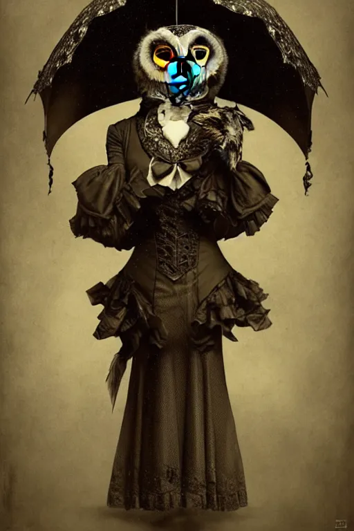 Image similar to wet plate photograph of an anthropomorphic owl dressed in a victorian - era ballgown, dramatic lighting, highly detailed, digital painting, artstation, concept art, smooth, sharp focus, illustration, art by wlop, mars ravelo and greg rutkowski