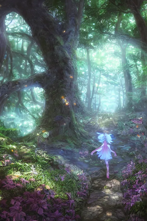 Image similar to forest path, fairy, beautiful ancient trees, hiding large treasure chest, glowing fireflies, serene evening atmosphere, soft lens, soft light, cel - shading, animation, in the style of cgsociety, deviantart, artstation, zbrush, cinema 4 d, studio ghibli, akihiko yoshida, atelier lulua, masamune shirow