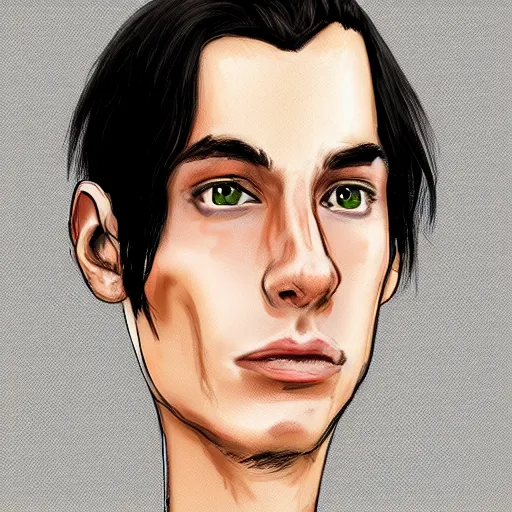 Prompt: a digital portrait of a 25 year old with black hair,hazel green eyes, drawn in the style of mark Arian