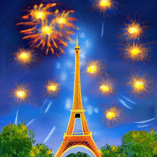 Prompt: Eiffel Tower with fireworks in the sky painting in the style of Starry Night