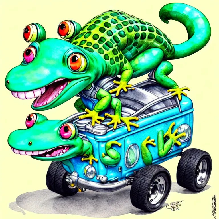 Image similar to cute and funny, gecko wearing a helmet riding in a hot rod with oversized engine, ratfink style by ed roth, centered award winning watercolor pen illustration, isometric illustration by chihiro iwasaki, edited by range murata, tiny details by artgerm and watercolor girl, symmetrically isometrically centered, sharply focused