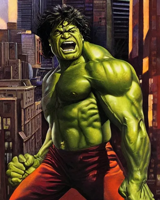 Image similar to a moody oil painting of the incredible hulk looking angry as he bursts through a wall at noon in a city by joe jusko.