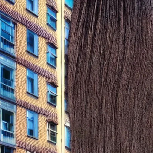 Image similar to a woman's hair grows from all the windows and doors of large apartment building, the hair reaches the ground, rendered