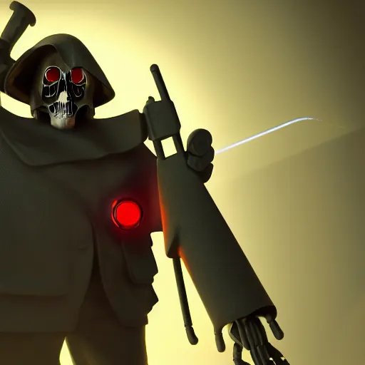 Image similar to atompunk grim reaper, character design, high quality digital art, render, octane, redshift, volumetric lighting, oled