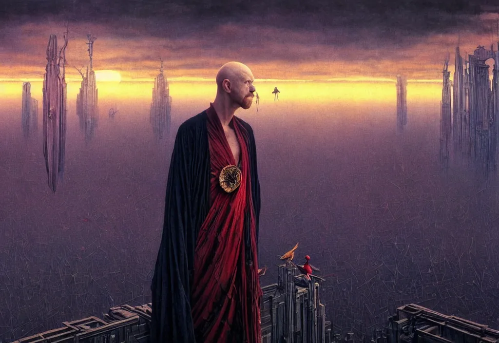 Image similar to realistic detailed portrait movie shot of a birdman wearing dark ragged robes, futuristic city sunset landscape background by denis villeneuve, amano, yves tanguy, alphonse mucha, ernst haeckel, max ernst, roger dean, rich moody colours, cinematic