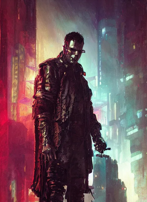 Prompt: frankenstein. cyberpunk assassin in tactical gear. blade runner 2 0 4 9 concept painting. epic painting by craig mullins and alphonso mucha. artstationhq. painting with vivid color. ( rb 6 s, cyberpunk 2 0 7 7, matrix )