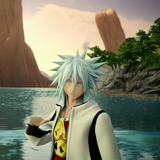 Prompt: a white haired anime character holding out his hand in front of a body of water, a screenshot by michelangelo, deviantart contest winner, vanitas, official art, unreal engine 5, unreal engine. kingdom hearts opening. kingdom hearts cinematic.