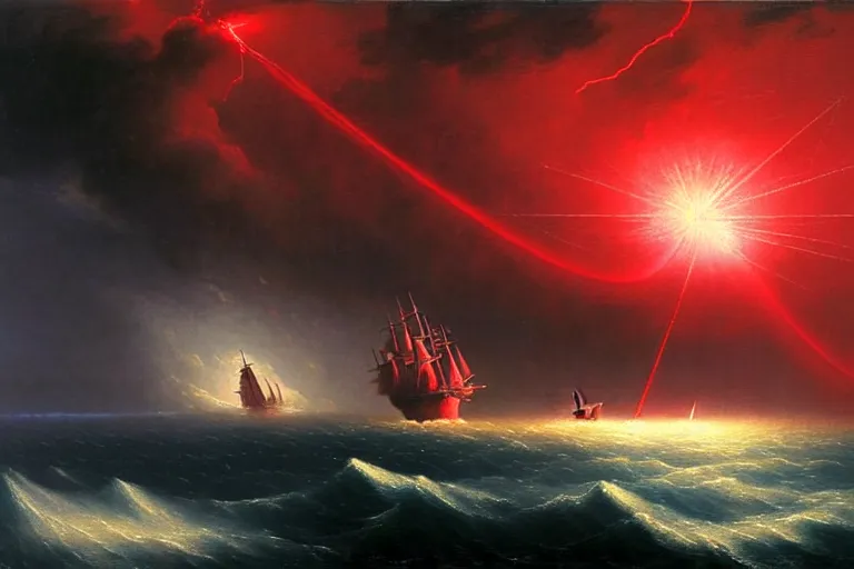 Prompt: A beautiful matte painting of huge spherical alien spaceship attacking with powerful red lasers a Sailship in ocean in thunderstorm by Ivan aivazovsky