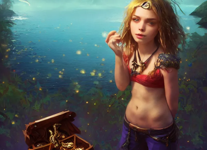 Image similar to full body picture of a pirate girl, hard breathing, messy hair, very excited, sparkling eyes, front of the treasure box, magic and fantasy, whale monsters, coveted, beautiful and aesthetic and attractive and detailed face, specular reflection, occlusion shadow, intricate, bokeh, masterpiece, by ilya kuvshinov and jeremy lipking and quentin mabille