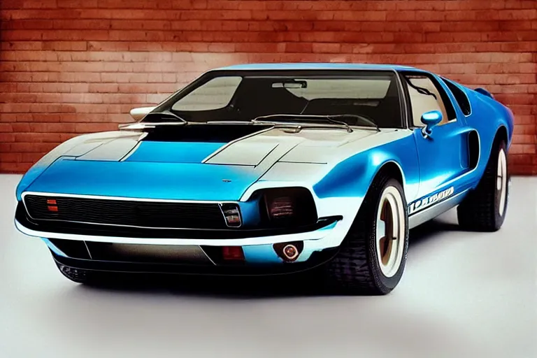 Image similar to designed by john delorean stylized poser of a single 1 9 6 9 fastback mustang! mk 2 ford gt 4 0!!!! ( delorean ), large led lights, ektachrome photograph, volumetric lighting, f 8 aperture, cinematic eastman 5 3 8 4 film