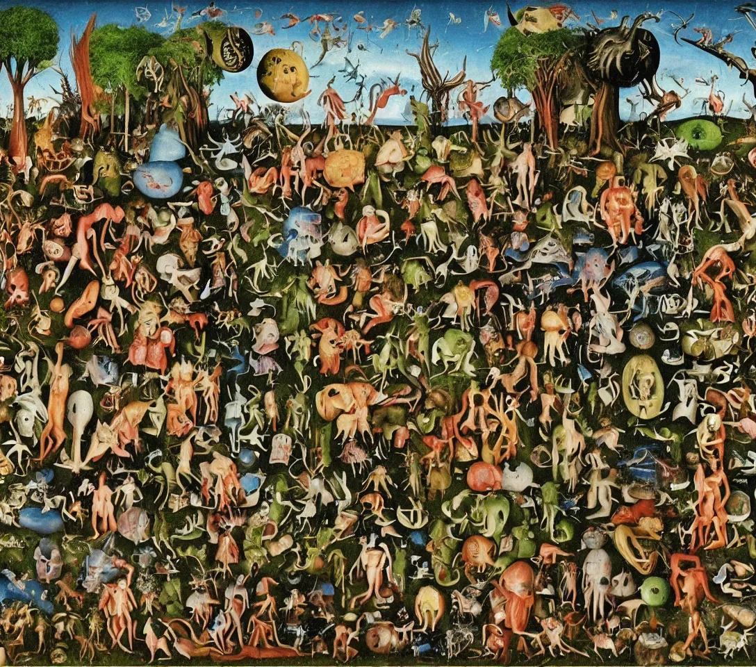 Image similar to 3 5 mm phtography, kodachrome of grandparents with alien, creatures and alien plants with garden of earthly delights bosch style