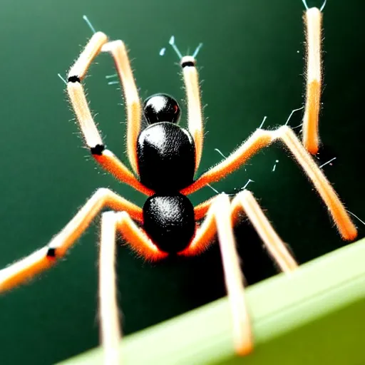 Image similar to a tall spider with long black legs whose body is covered in long blonde hair