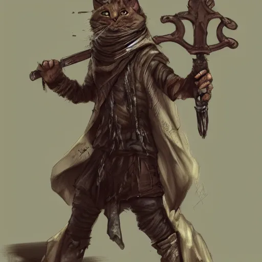 Image similar to dirty homeless humanoid cat wearing rags, wielding a broadsword, concept art, d & d, fantasy, trending on artstation