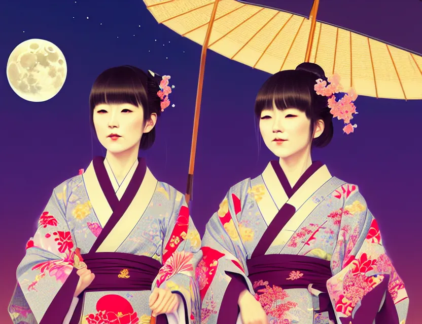 Image similar to two beautiful charming japan girls wear arty kimono in festival | | sunny night, full moon, dreamlike art, realistic shaded, smile, good looking, hyper details, 4 k realistic, cryengine, realistic shaded lighting poster by ilya kuvshinov, fuji choko, ross tran, 8 k resolution, trending on artstation, luxury