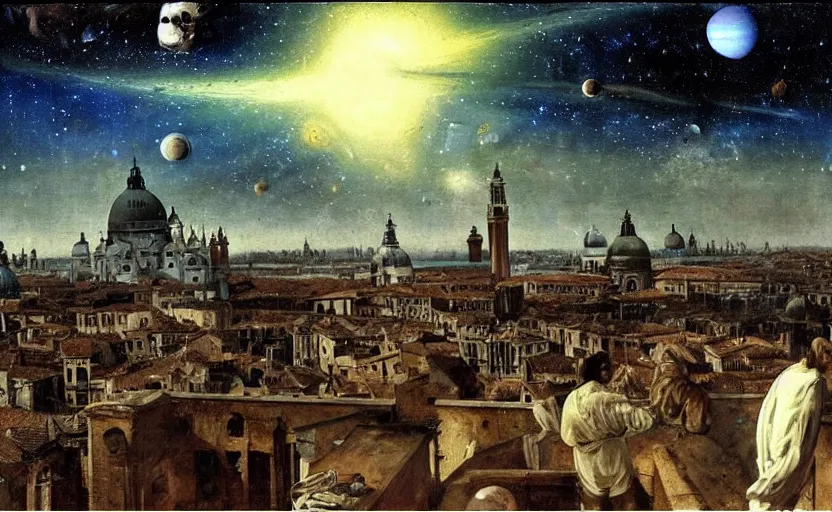 Prompt: scene from cosmologica a scifi movie by luchino visconti with mastroianni leaving the medieval cosmos to enter new universe. venice in the background. blue sky with a lot of stars and planets. cinematic, technicolor, photorealistic, direct lighting, highly intricate, extremely realistic in the style of ( ( ( renaissance cosmological painting ) ) ).