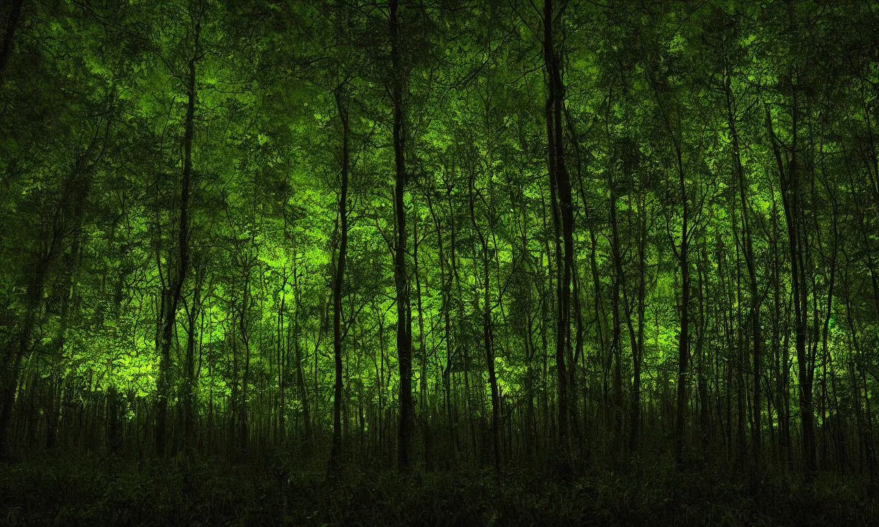 Prompt: a professional photograph of a beautiful forest at night, there is fireflies. it is really quiet and serene. Ultra HD wallpaper.