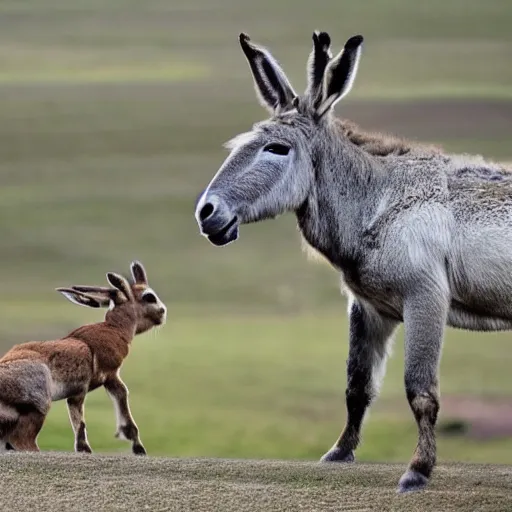 Image similar to a donkey and a hare, wolking on the stairs