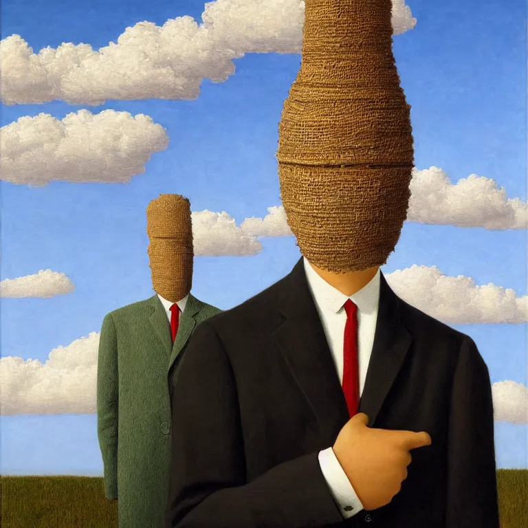 Image similar to portrait of a faceless burlap sack - head man in a suit, clouds in the background, by rene magritte, detailed painting, distance, centered, hd, hq, high resolution, high detail, 4 k, 8 k