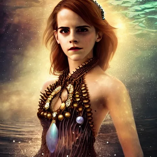 Image similar to emma watson portrait, fantasy, mermaid, hyperrealistic, game character, underwater, highly detailed, sharp focus, cinematic lighting, pearls, glowing hair, shells, gills, crown, water, highlights, starfish, jewelry, realistic, digital art, pastel, magic, fiction, ocean, king, colorful hair, sparkly eyes, fish, heroic, goddess, waves, bubbles, queen