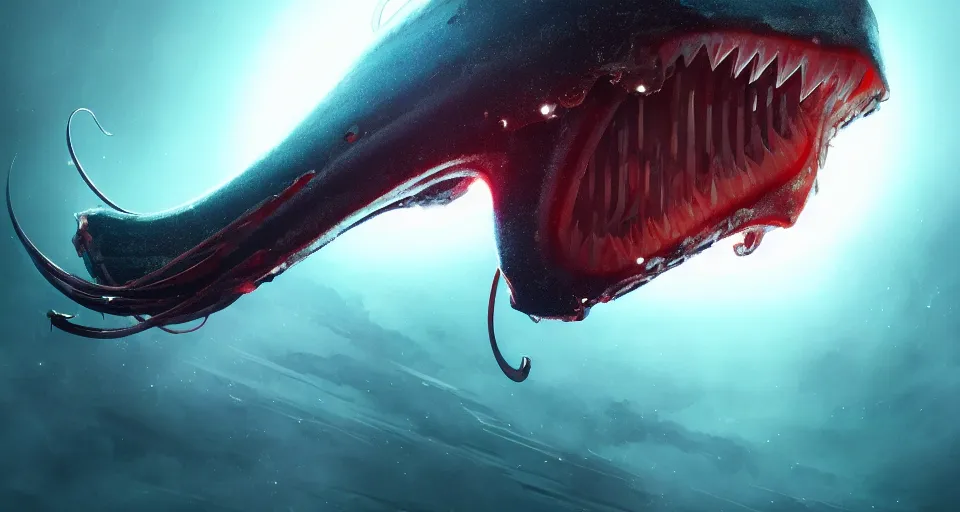 Image similar to A wide shot of a squid with sharp translucent teeth in space art by Maciej Kuciara and Jason Chan, ominous, cosmic horror, trending on artstation, Ultra detailed, hyper realistic 4k