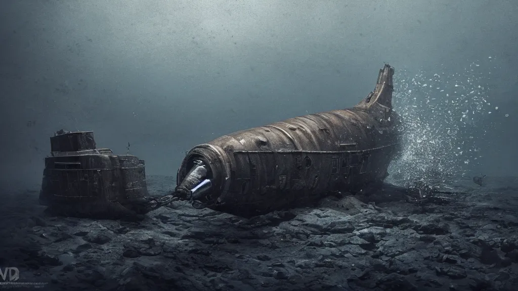 Image similar to a photorealistic dramatic hyperrealistic underwater render of an deep sea submersible, ultra realistic details, glossy surface, well worn, rust, oil stains designed by vitaly bulgarov and mike nash, beautiful dramatic dark moody tones and lighting, cinematic atmosphere, global illumination, shadows, dark background, octane render, 8 k