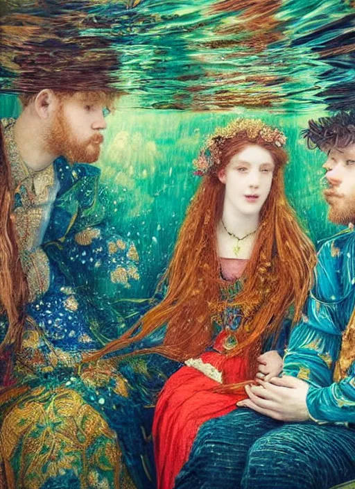 Prompt: detailed colourful masterpiece of intricate preraphaelite art novueau photography couple portrait sat down extreme closeup, love, inside an underwater train, detailed realistic expressions, wearing unusual clothes, ultra wide angle