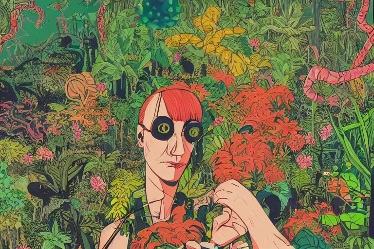 Image similar to 2 d gouache illustration of a rotterdam gabber from 9 0's, a lot of exotic vegetation, trees. flowers, oldschool vintage sci - fi flat surreal design, super - detailed, painting by satoshi kon, hd, 4 k, high quality